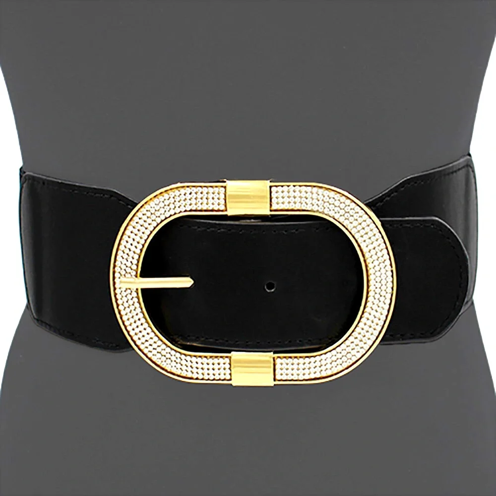 Paved Rhinestone Open Oval Buckle Accented Elastic Statement Belt